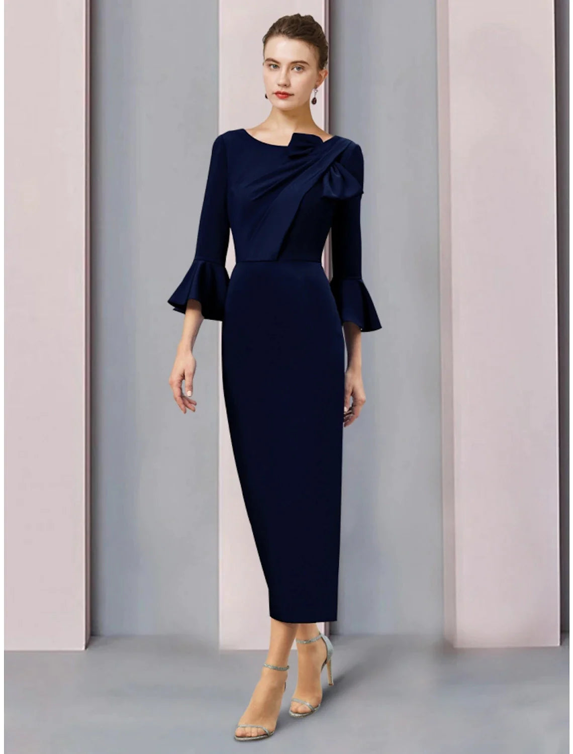 Wholesale A-Line Mother of the Bride Dress Wedding Guest Elegant Scoop Neck Ankle Length Stretch Fabric 3/4 Length Sleeve with Bow(s) Ruching Solid Color
