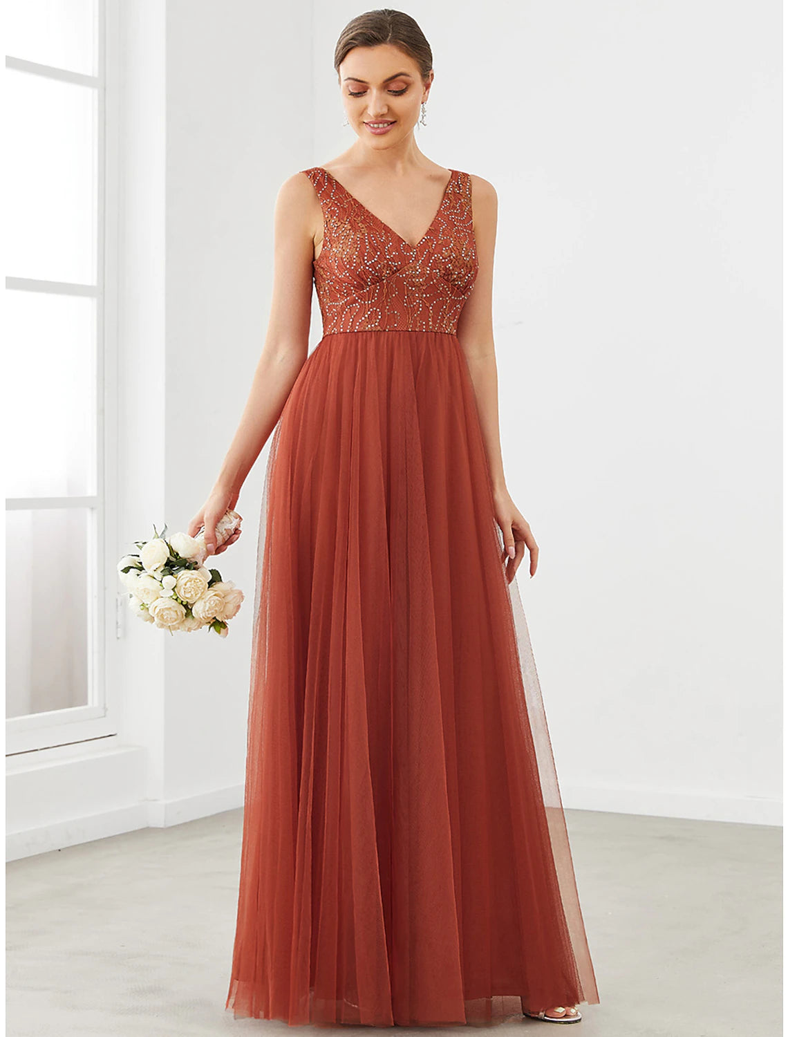 Wholesale  A-Line Prom Dresses Sparkle & Shine Dress Homecoming Wedding Guest Floor Length Sleeveless V Neck Tulle with Draping Splicing