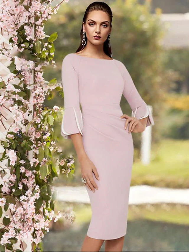 Wholesale Sheath / Column Mother of the Bride Dress Elegant Jewel Neck Tea Length Stretch Fabric 3/4 Length Sleeve with Side-Draped