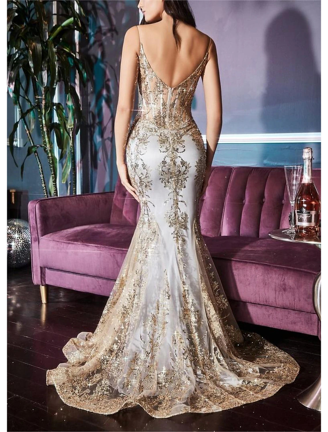 Wholesale Mermaid / Trumpet Prom Dresses Celebrity Style Dress Graduation Prom Court Train Sleeveless V Neck Lace with Glitter Crystals Sequin