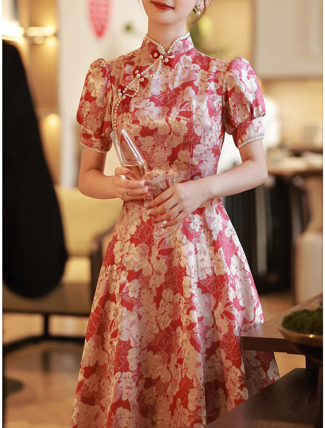 Wholesale A-Line Evening Gown Chinese Style Dress Engagement Floor Length Half Sleeve Stand Collar Satin with Pearls Strappy