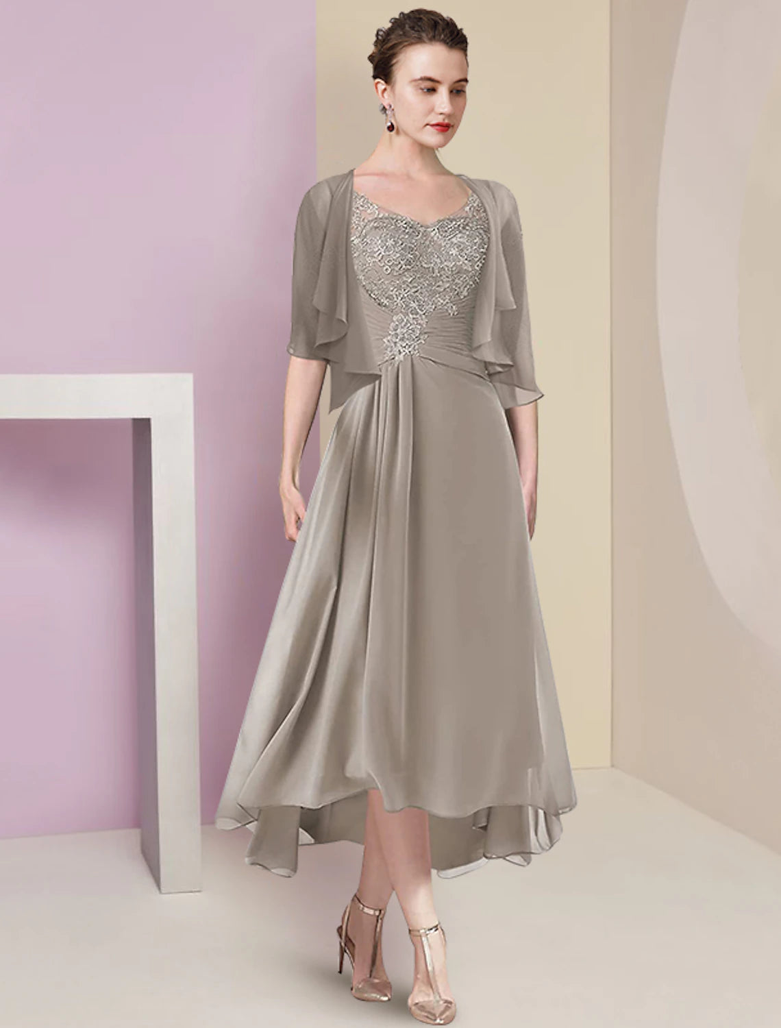 Wholesale  Two Piece A-Line Mother of the Bride Dress Formal Wedding Guest Elegant High Low V Neck Asymmetrical Tea Length Chiffon Lace Half Sleeve Wrap Included with Ruched Appliques