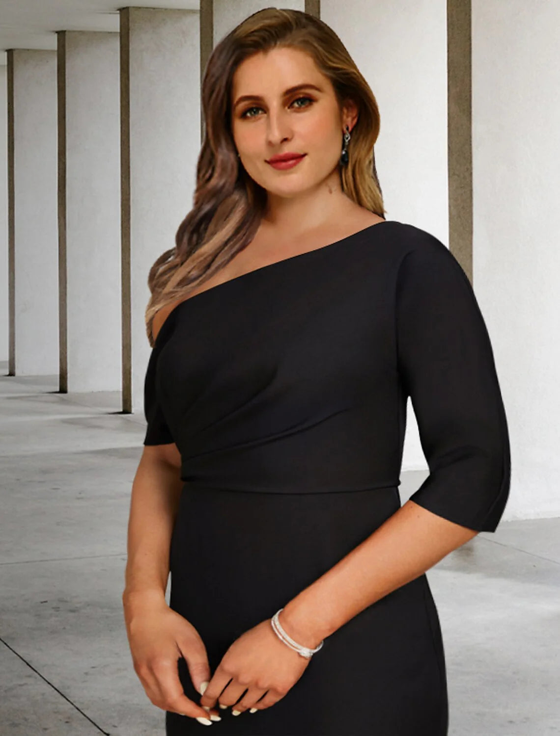 Wholesale A-Line Mother of the Bride Dresses Plus Size Hide Belly Curve Vintage Dress Party Wear Floor Length 3/4 Length Sleeve One Shoulder Stretch Fabric with Ruched