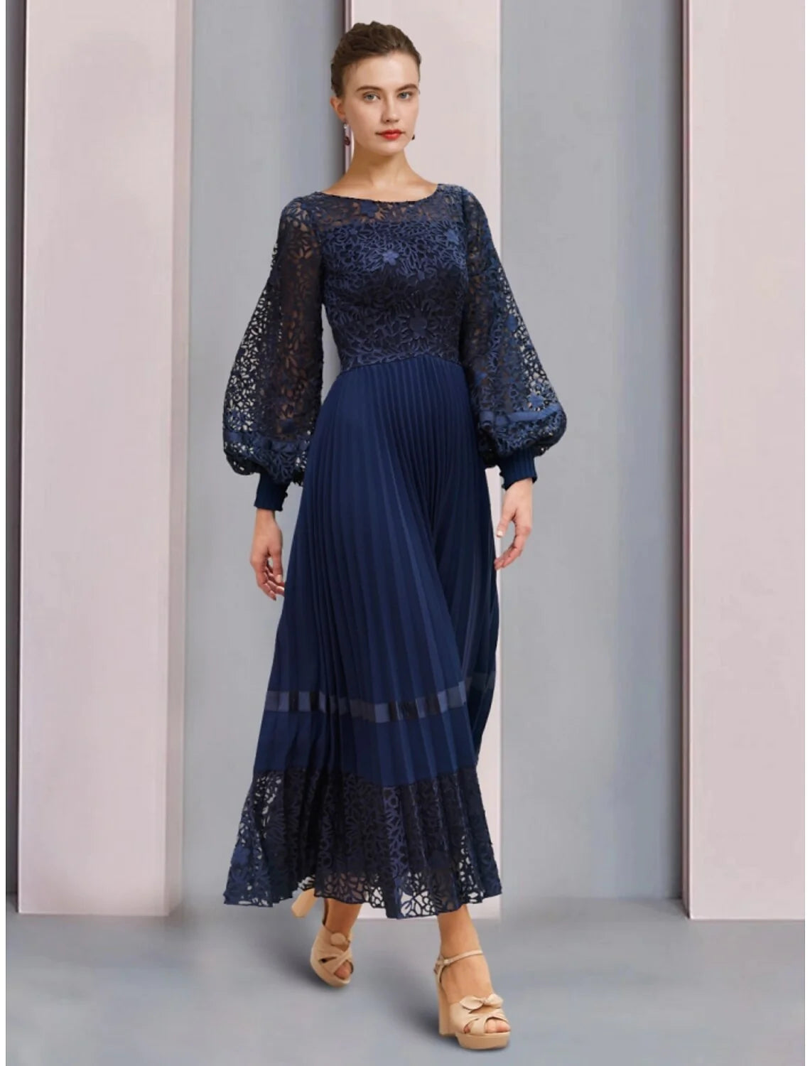 Wholesale A-Line Mother of the Bride Dress Wedding Guest Elegant Scoop Neck Ankle Length Chiffon Lace Long Sleeve with Ruching Solid Color