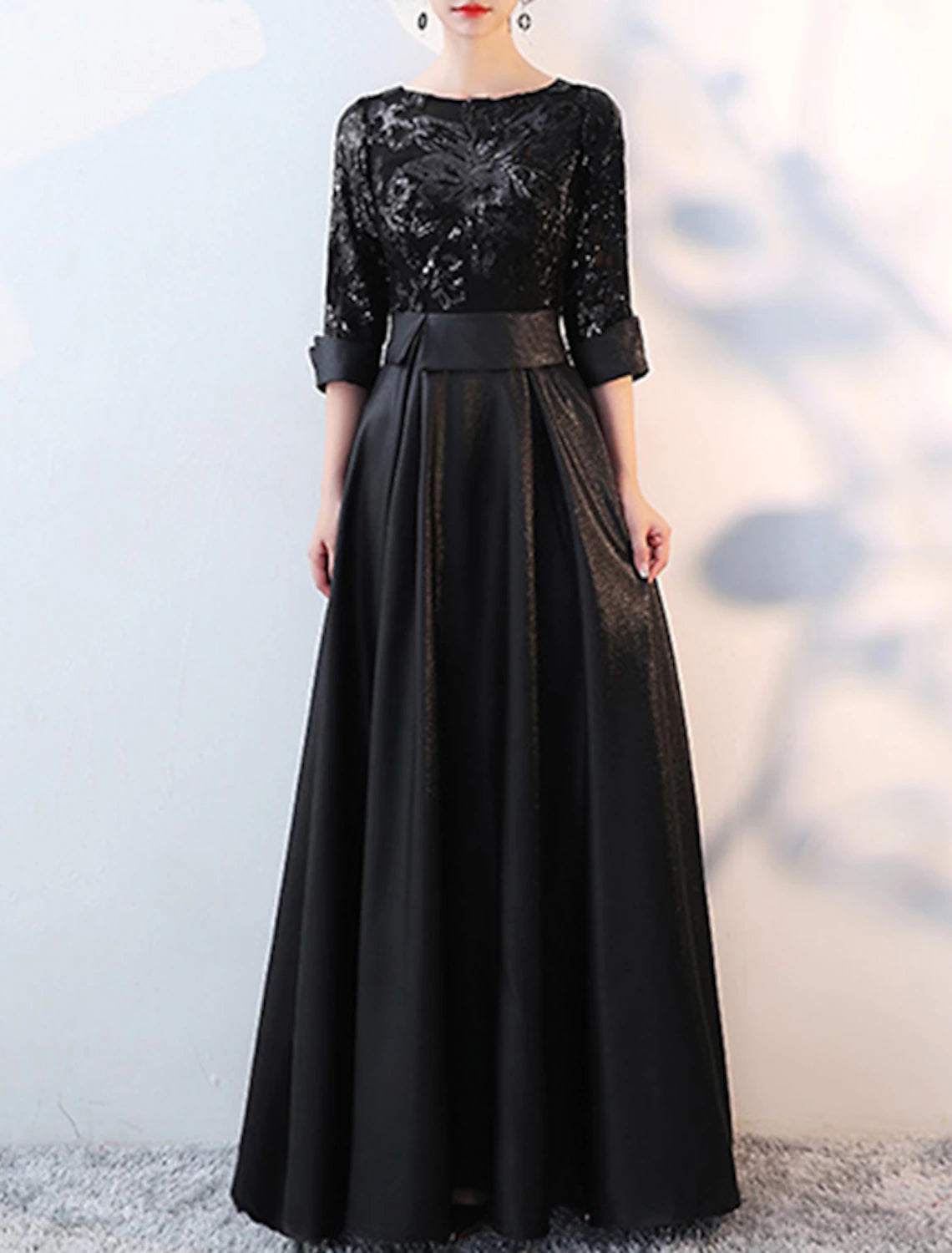 Wholesale  A-Line Glittering Elegant Prom Formal Evening Dress Jewel Neck 3/4 Length Sleeve Floor Length Satin with Sequin