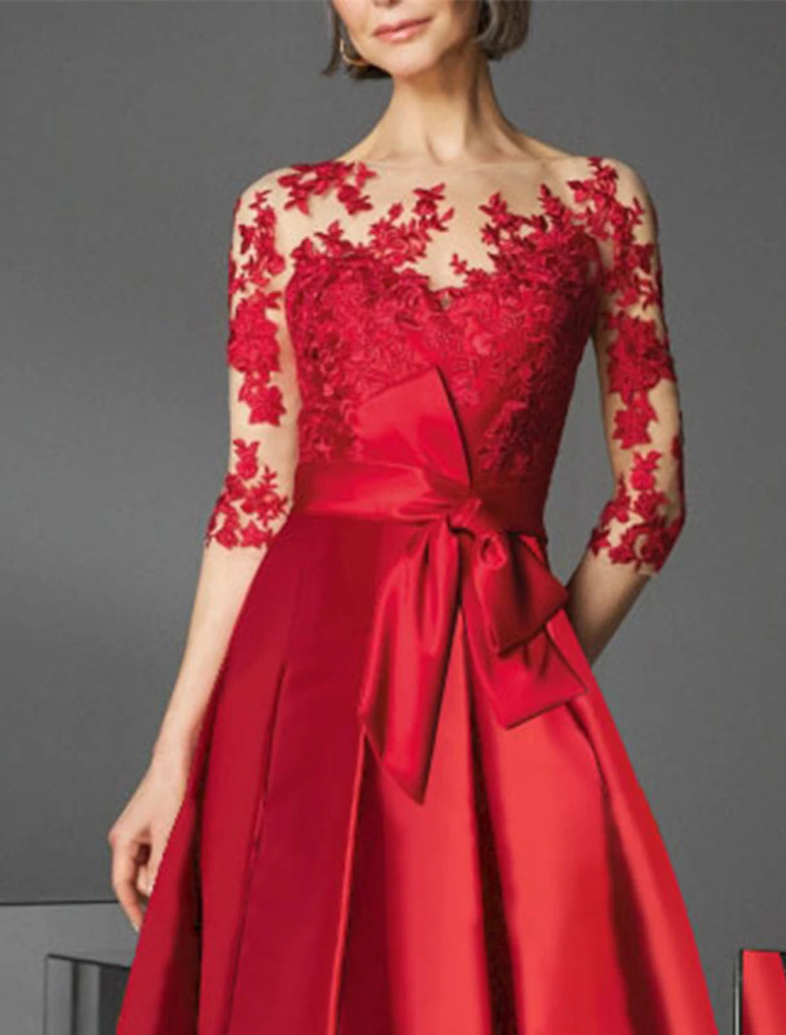 Wholesale A-Line Cocktail Party Dress Christmas Red Green Dress Floral Dress Kentucky Derby Tea Length 3/4 Length Sleeve Off Shoulder Fall Wedding Guest Satin with Pleats Appliques