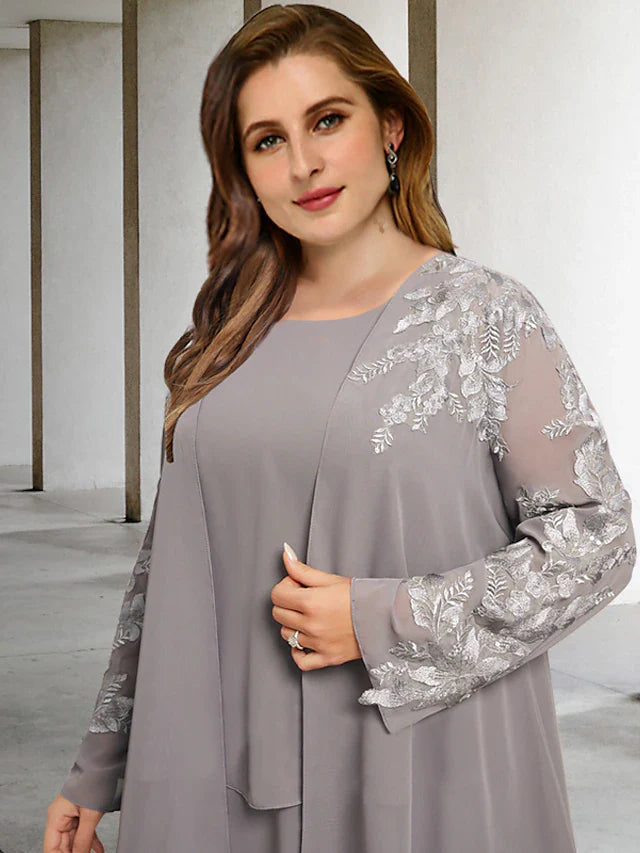 Wholesale Two Piece A-Line Plus Size Curve Mother of the Bride Dresses Elegant Dress Formal Tea Length Sleeveless Jewel Neck Chiffon with Ruffles Appliques