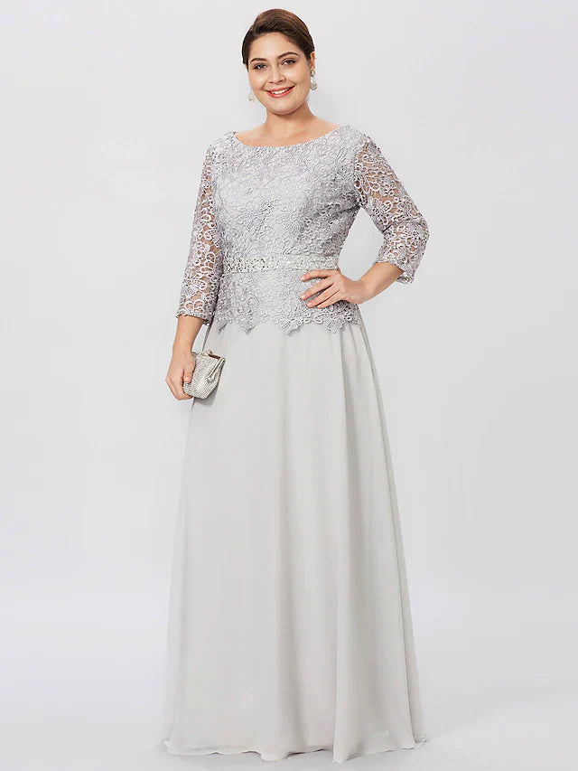 Wholesale Sheath / Column Mother of the Bride Dress Formal Plus Size Elegant Jewel Neck Floor Length Chiffon Corded Lace 3/4 Length Sleeve No with Lace