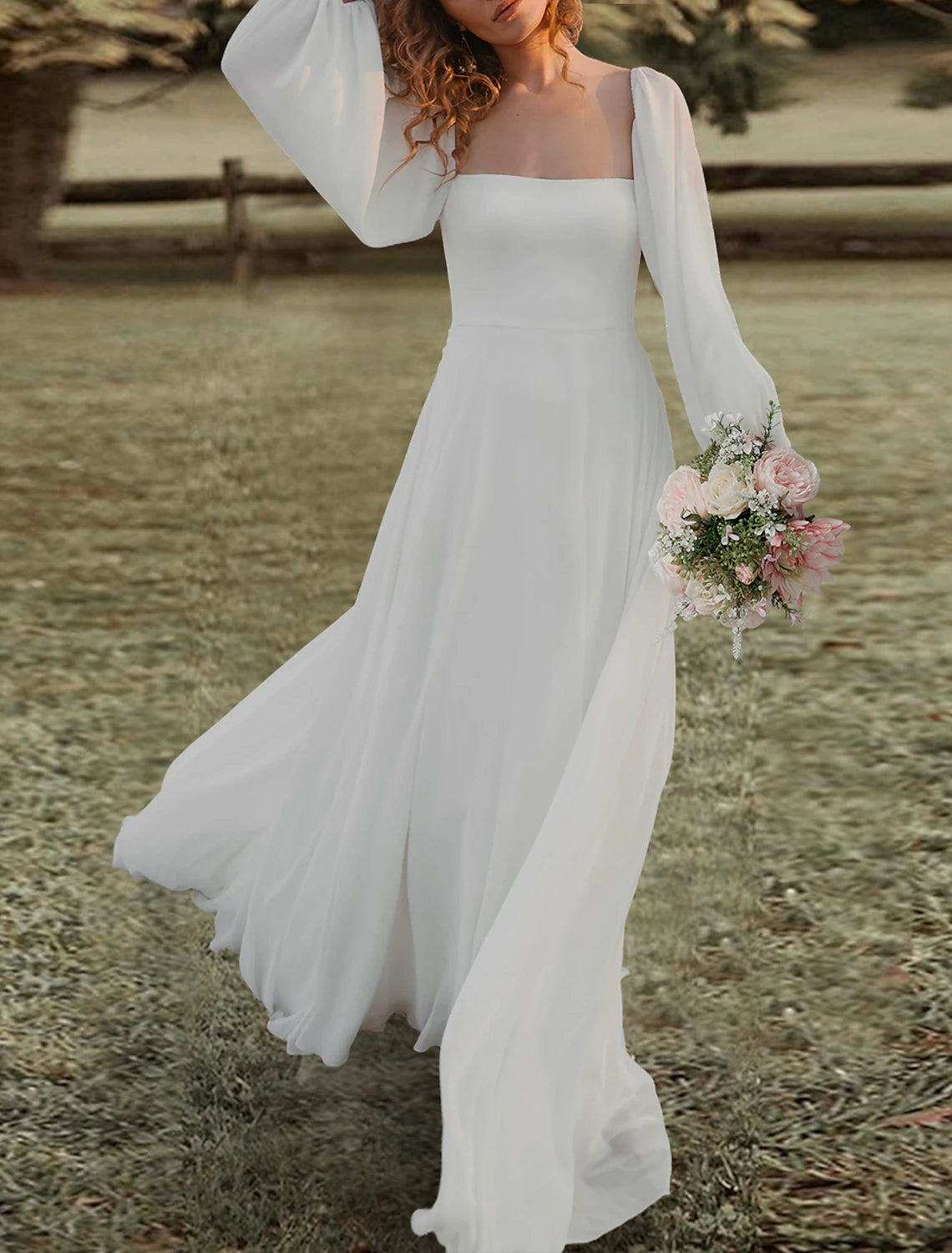 Wholesale Engagement Open Back Wedding Dresses A-Line Square Neck Long Sleeve Sweep / Brush Train Chiffon Bridal Gowns With Solid Color
