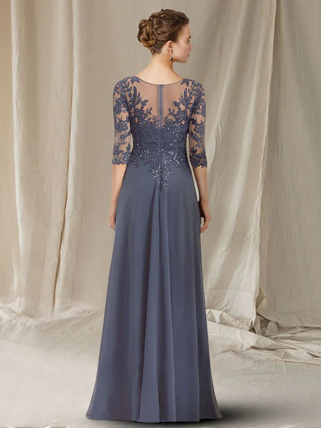 Wholesale A-Line Mother of the Bride Dress Elegant V Neck Floor Length Chiffon Lace Sequined Half Sleeve with Sequin Appliques