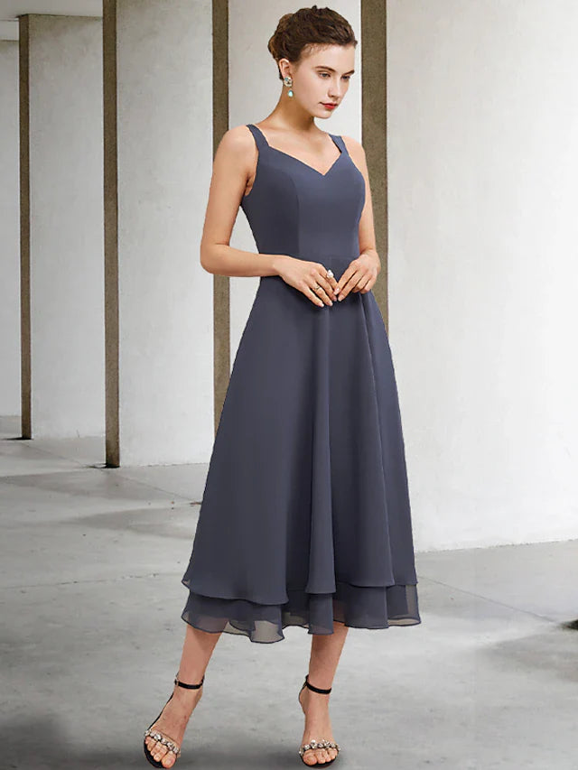 Wholesale A-Line Mother of the Bride Dress Elegant V Neck Tea Length Chiffon Lace Sleeveless Jacket Dresses with Tier Solid Color