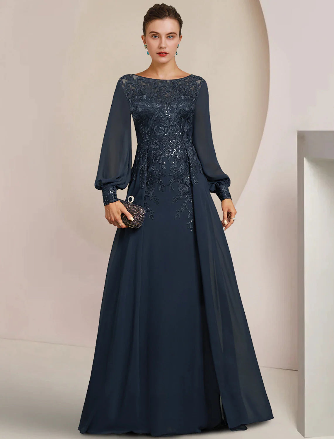 Wholesale Sheath / Column Mother of the Bride Dress Formal Wedding Guest Elegant Scoop Neck Floor Length Chiffon Lace Long Sleeve with Sequin Appliques