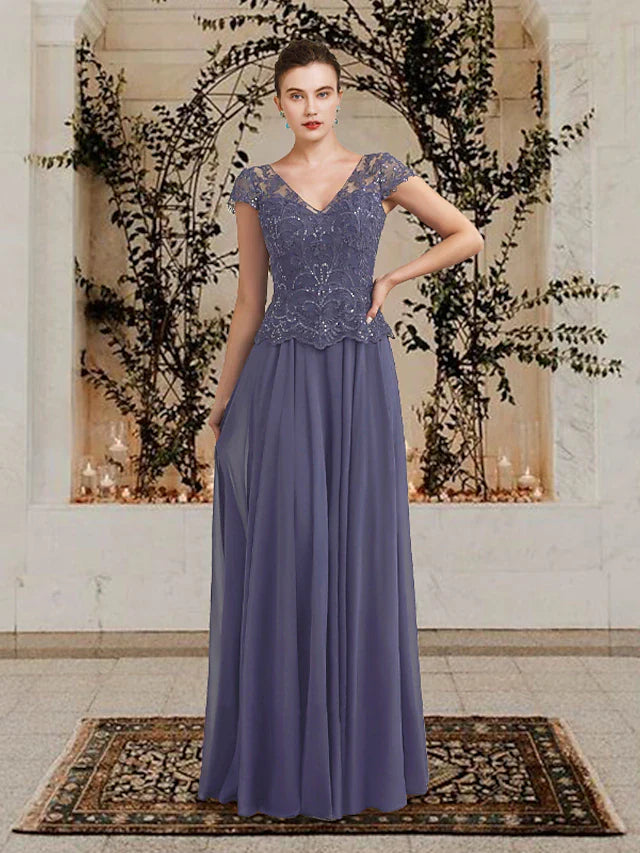 Wholesale A-Line Mother of the Bride Dress Plus Size Elegant V Neck Floor Length Chiffon Lace Sequined Short Sleeve with Pleats Appliques