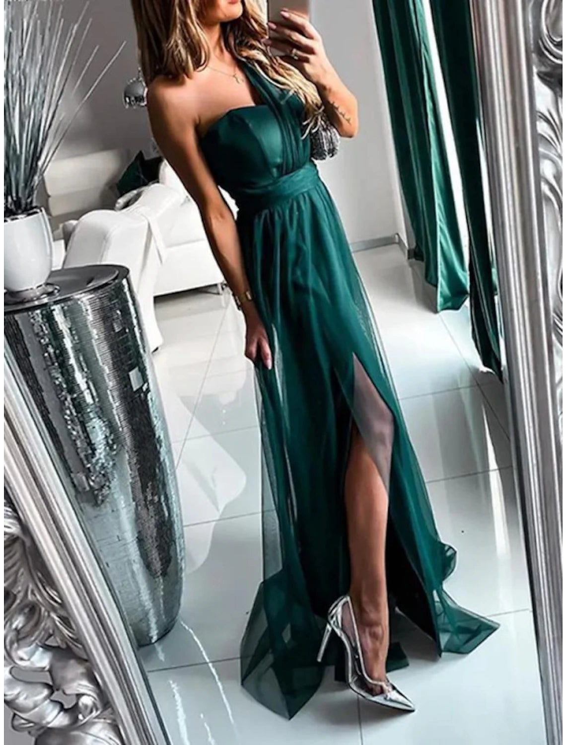 Wholesale Sheath / Column Bridesmaid Dress One Shoulder Sleeveless Elegant Sweep / Brush Train Tulle with Pleats / Split Front