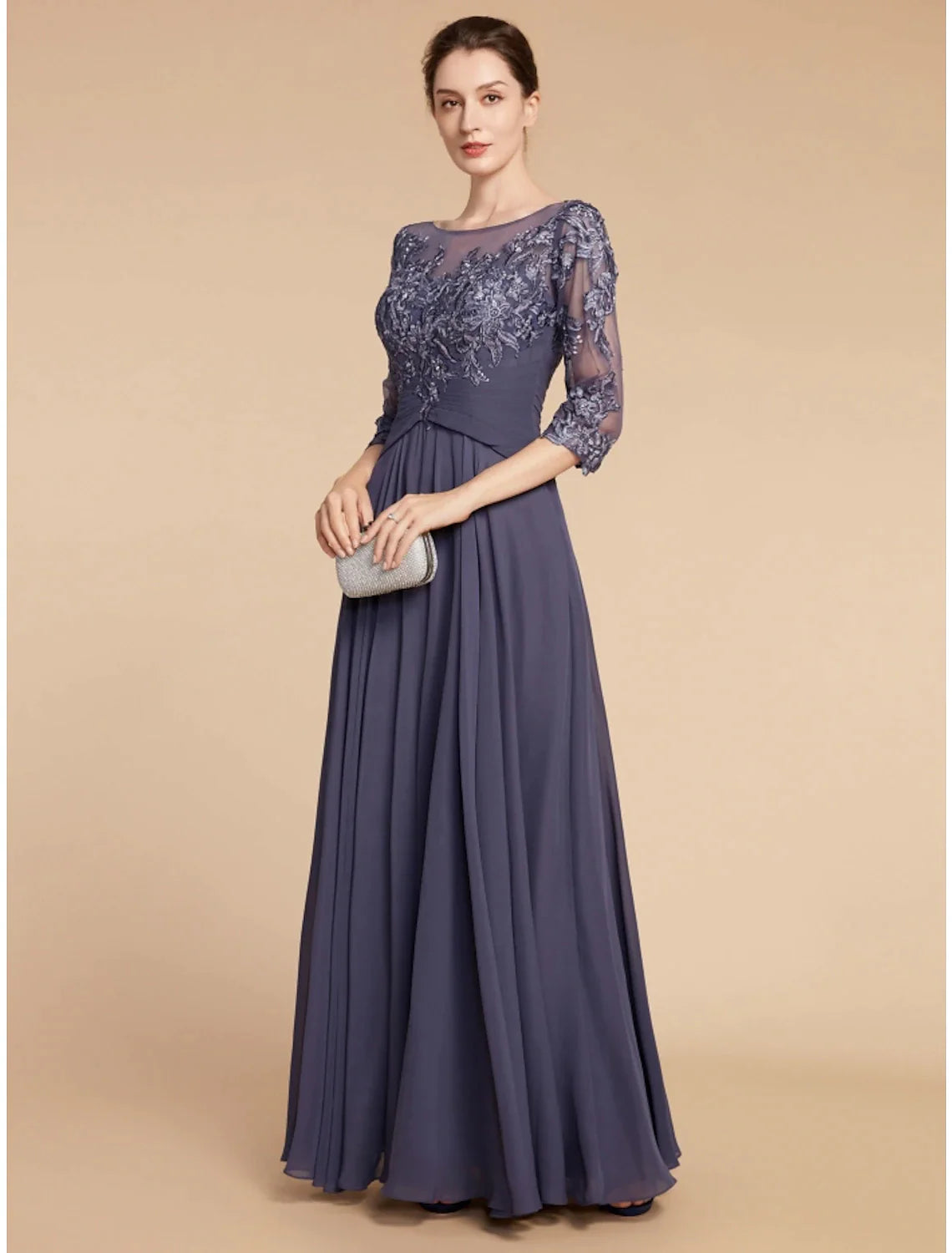Wholesale A-Line Mother of the Bride Dress Wedding Guest Elegant Scoop Neck Floor Length Chiffon Lace 3/4 Length Sleeve with Ruching Solid Color