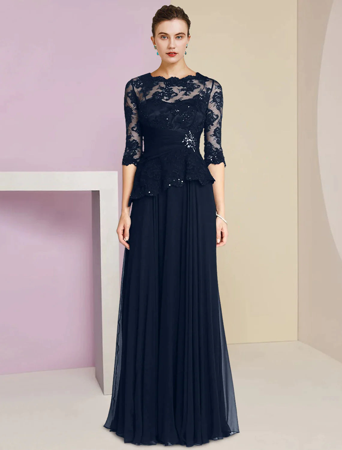 Wholesale A-Line Mother of the Bride Dress Formal Wedding Guest Elegant Scoop Neck Floor Length Chiffon Lace Half Sleeve with Pleats Appliques Crystal Brooch