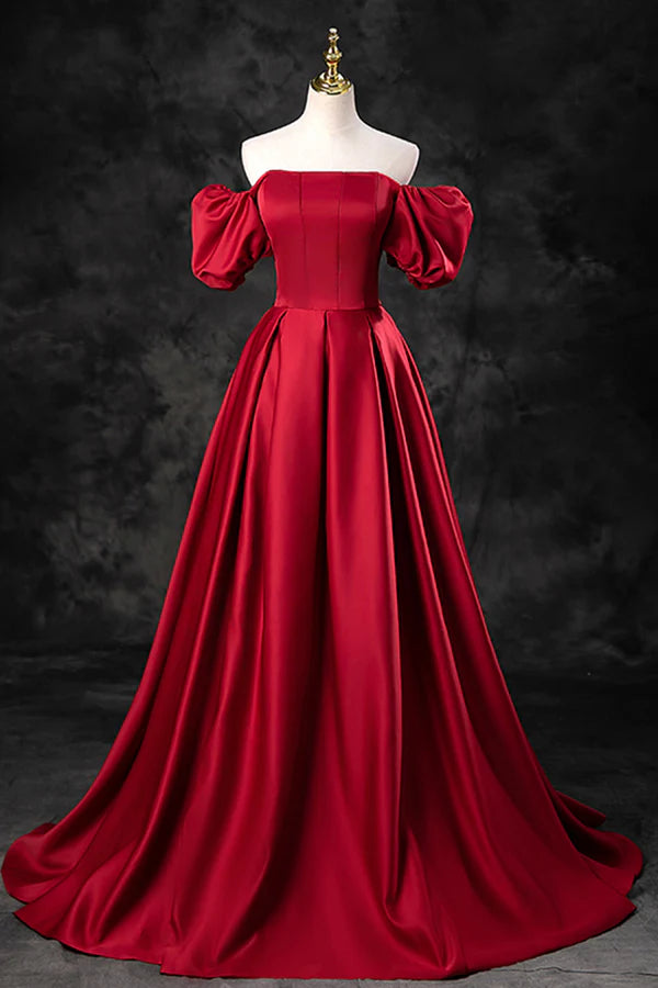 Wholesale Burgundy Satin Long A-Line Prom Dress Off the Shoulder Evening Party Dress