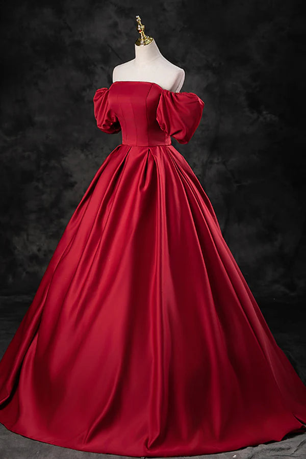 Wholesale Burgundy Satin Long A-Line Prom Dress Off the Shoulder Evening Party Dress