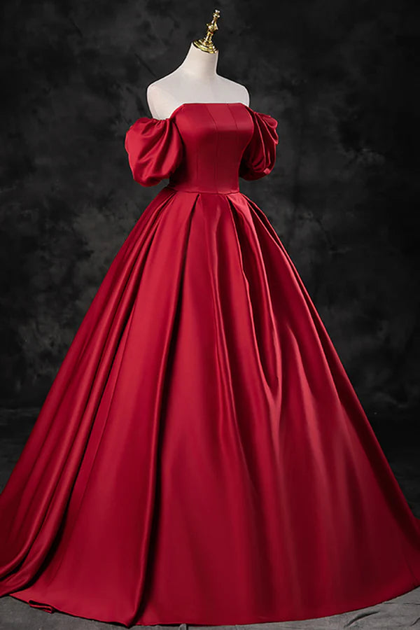 Wholesale Burgundy Satin Long A-Line Prom Dress Off the Shoulder Evening Party Dress