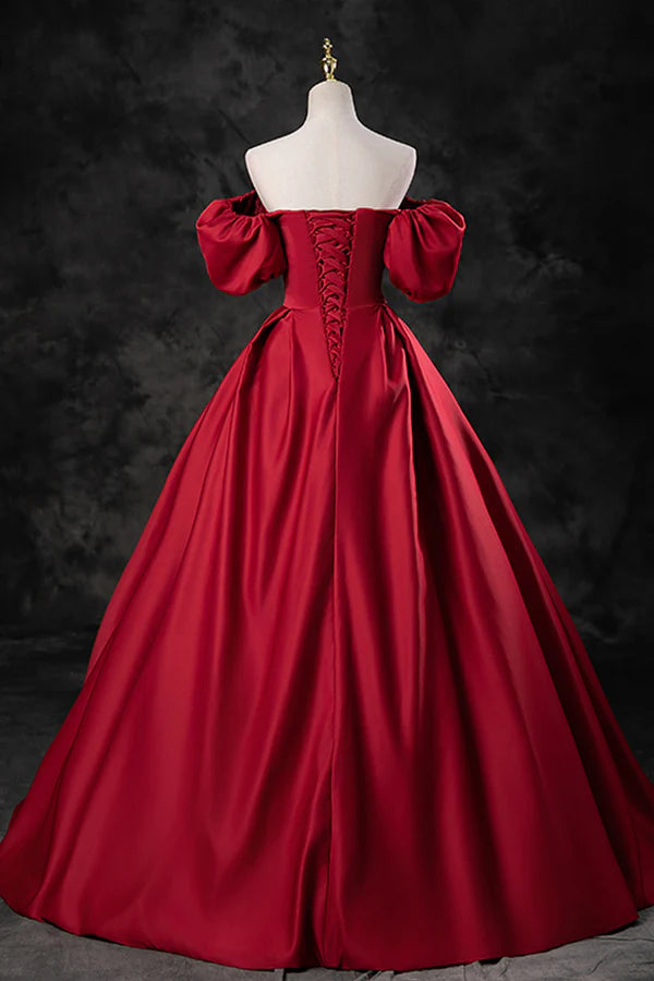 Wholesale Burgundy Satin Long A-Line Prom Dress Off the Shoulder Evening Party Dress
