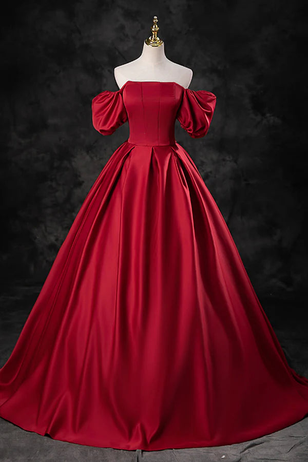 Wholesale Burgundy Satin Long A-Line Prom Dress Off the Shoulder Evening Party Dress