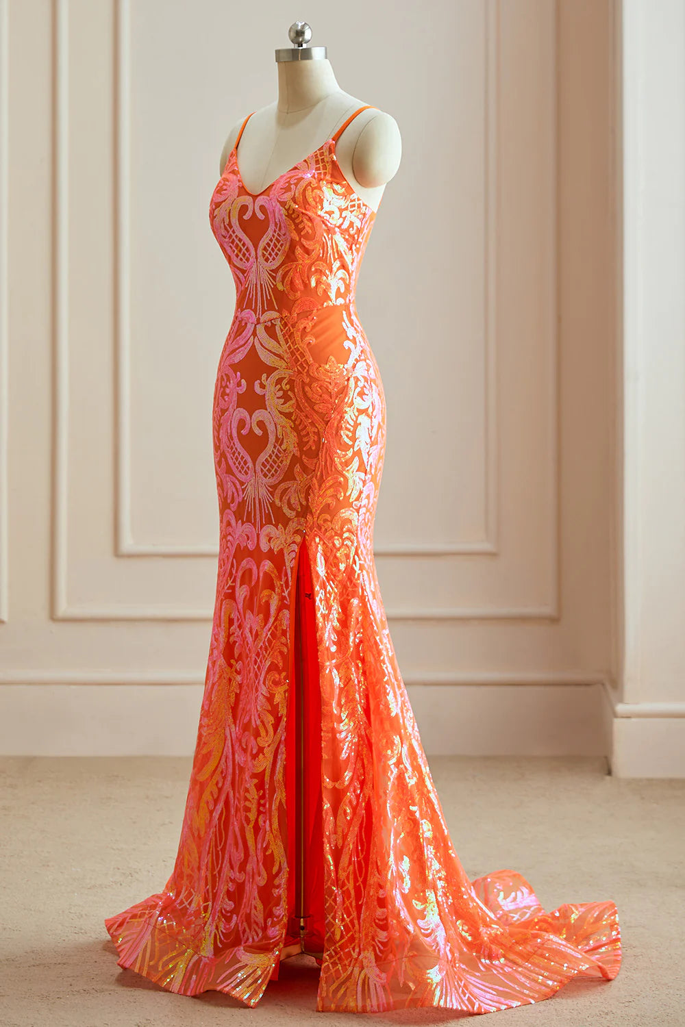 Wholesale Excellent Orange Mermaid Spaghetti Straps Sequins Split Prom Dress