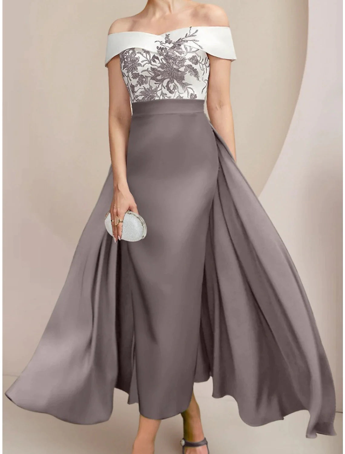 Wholesale A-Line Mother of the Bride Dress Wedding Guest Elegant Off Shoulder Ankle Length Stretch Fabric Short Sleeve with Appliques Ruching