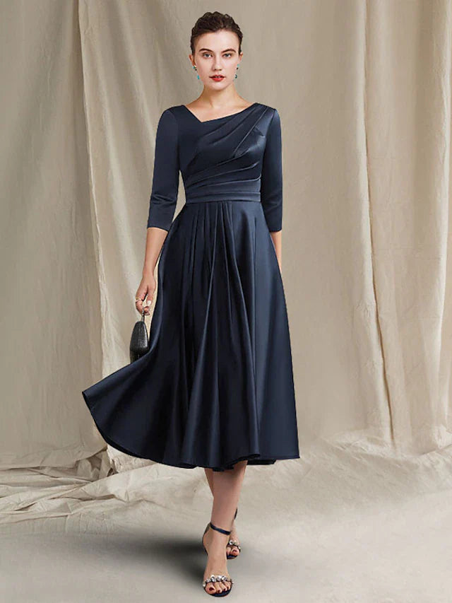 Wholesale A-Line Mother of the Bride Dress Elegant Bateau Neck V Neck Tea Length Satin Half Sleeve with Pleats Ruched