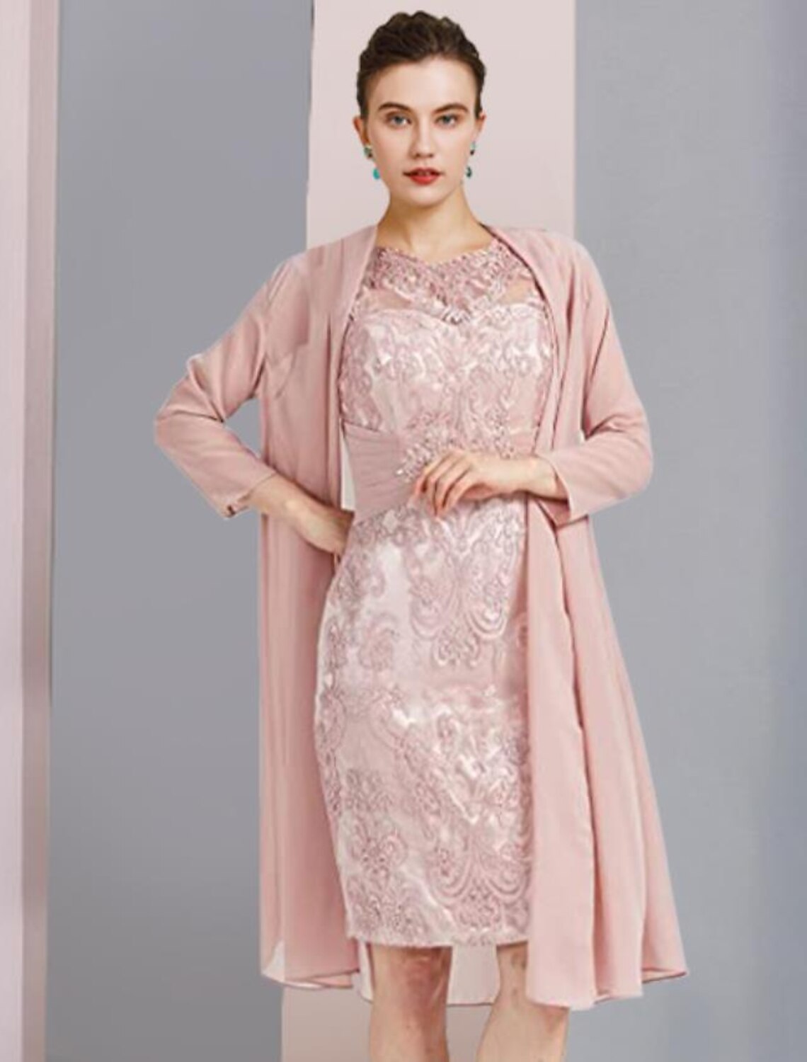 Wholesale  Two Piece Sheath / Column Mother of the Bride Dress Formal Wedding Guest Elegant Scoop Neck Knee Length Chiffon Lace Sleeveless Jacket Dresses with Beading Appliques