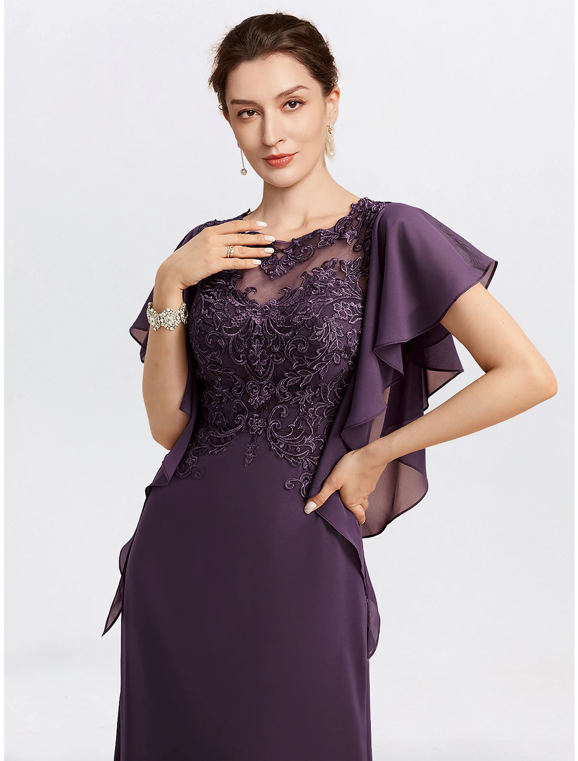 Wholesale Sheath Mother of the Bride Dress Cape Dress Formal Wedding Guest Elegant Jewel Neck Floor Length Chiffon Short Sleeve with Beading Appliques