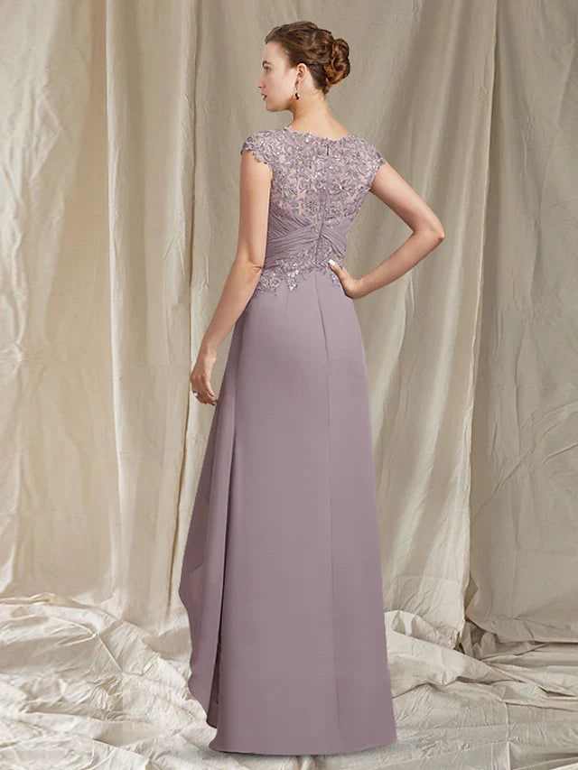 Wholesale A-Line Mother of the Bride Dress Elegant High Low Jewel Neck Asymmetrical Floor Length Chiffon Lace Short Sleeve with Pleats Sequin Appliques