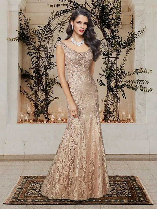 Wholesale Mermaid / Trumpet Mother of the Bride Dress Luxurious Elegant Scoop Neck Floor Length Lace Sleeveless with Beading Appliques