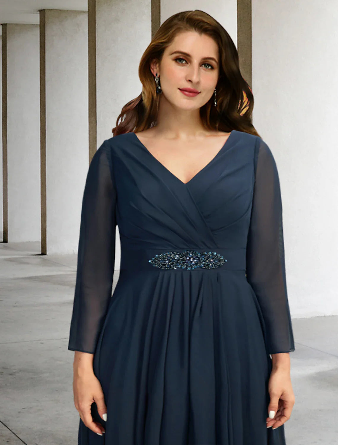 Wholesale A-Line Mother of the Bride Dresses Plus Size Hide Belly Curve Elegant Dress Formal Asymmetrical Long Sleeve V Neck Chiffon with Pleats Crystals