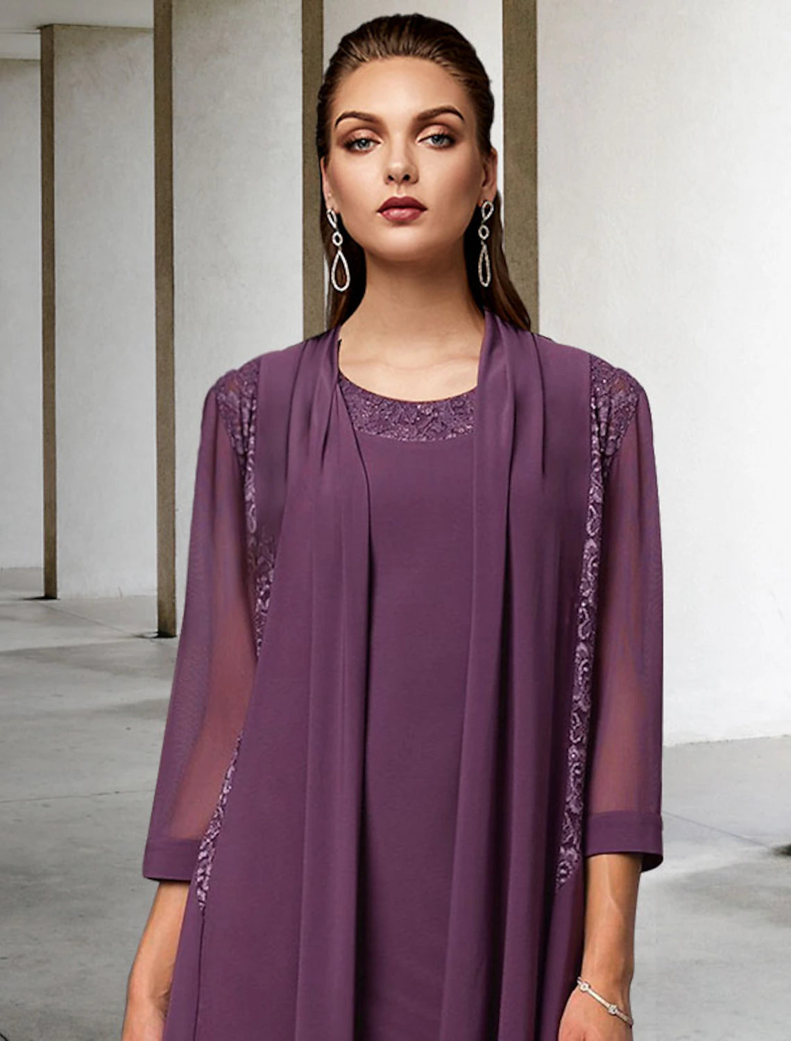 Wholesale  Two Piece Sheath / Column Mother of the Bride Dress Elegant Jewel Neck Knee Length Chiffon Lace Sleeveless Jacket Dresses with Solid