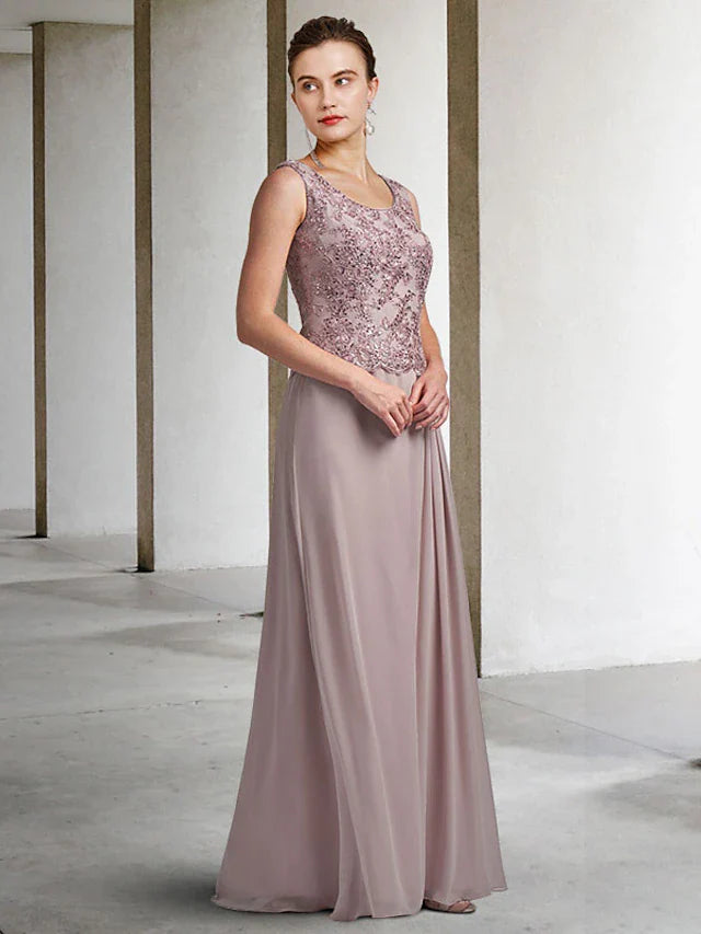 Wholesale Two Piece Sheath / Column Mother of the Bride Dress Plus Size Elegant Jewel Neck Floor Length Chiffon Lace Sleeveless Wrap Included with Sequin Appliques