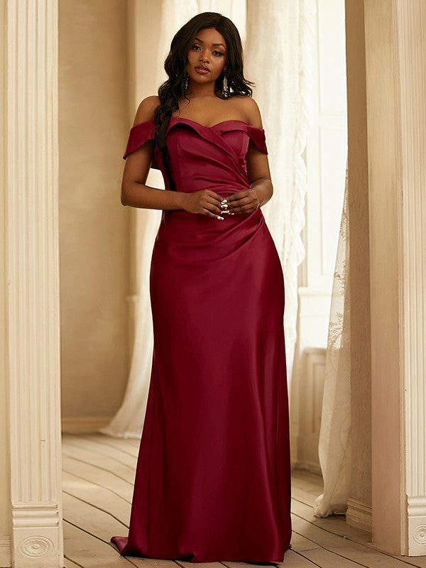 Wholesale Sheath/Column Satin Ruched Off-the-Shoulder Sleeveless Sweep/Brush Train Bridesmaid Dresses