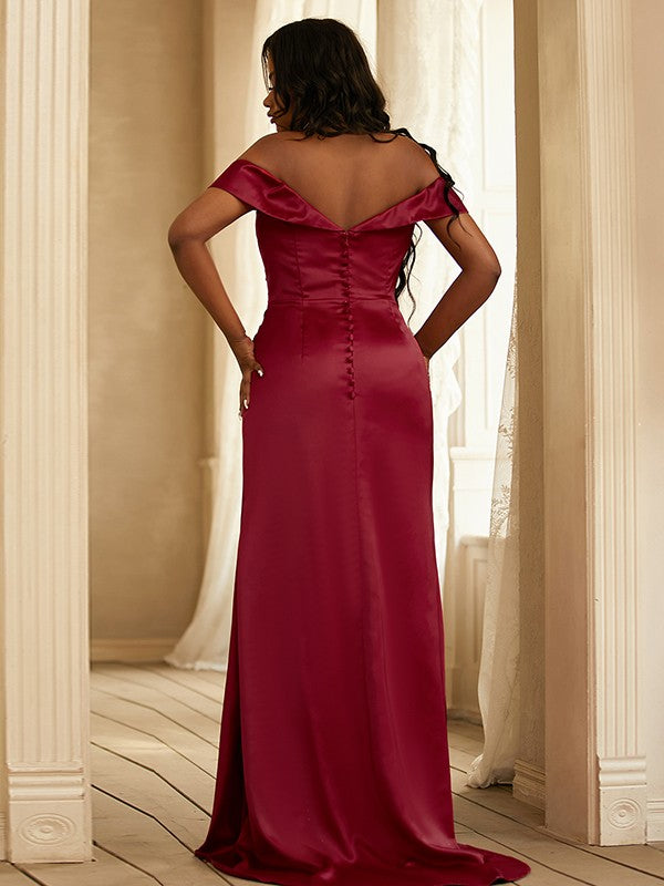 Wholesale Sheath/Column Satin Ruched Off-the-Shoulder Sleeveless Sweep/Brush Train Bridesmaid Dresses