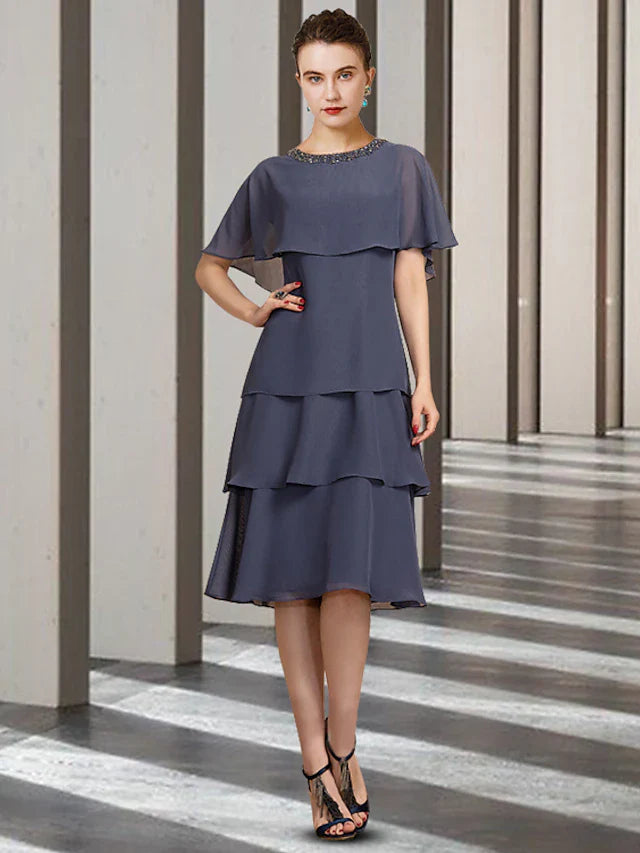 Wholesale Sheath / Column Mother of the Bride Dress Elegant Jewel Neck Knee Length Chiffon Short Sleeve with Beading Ruffles