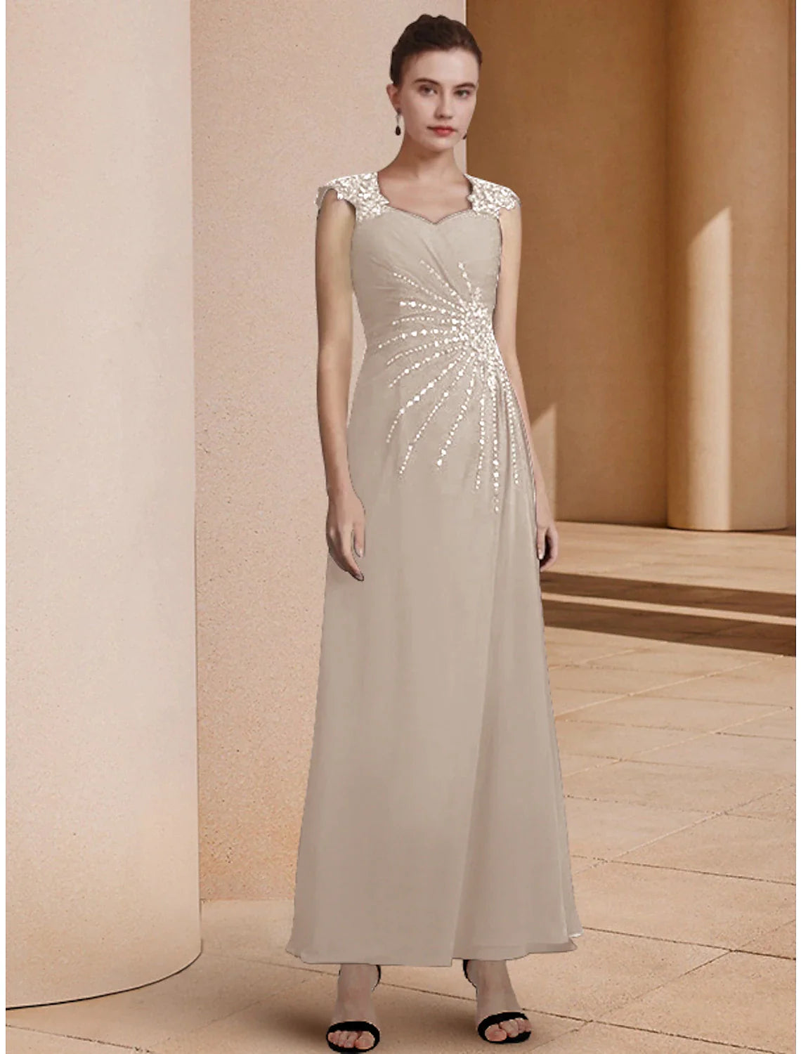 Wholesale Two Piece A-Line Mother of the Bride Dress Formal Wedding Guest Elegant Sweetheart Ankle Length Chiffon Lace Sequined 3/4 Length Sleeve Jacket Dresses with Sequin Ruching