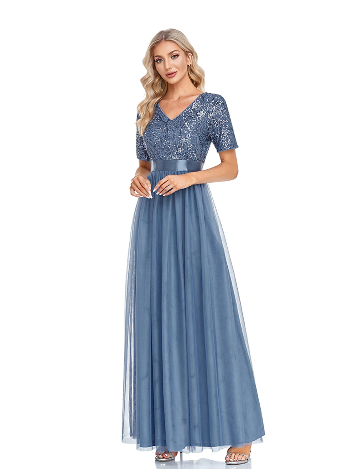 Wholesale  A-Line Evening Gown Sparkle & Shine Dress Wedding Guest Prom Floor Length Short Sleeve V Neck Bridesmaid Dress Tulle with Sequin Splicing