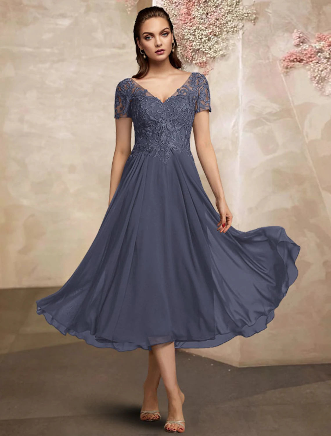 Wholesale  A-Line Mother of the Bride Dress Plus Size Elegant V Neck Tea Length Chiffon Lace Short Sleeve with Pleats Appliques