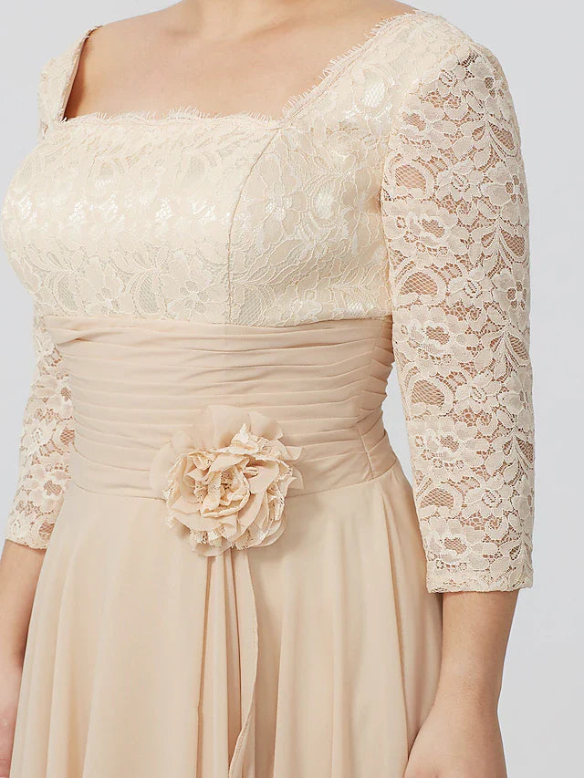 Wholesale Sheath / Column Mother of the Bride Dress Formal Classic & Timeless Elegant & Luxurious Plus Size Square Neck Floor Length Chiffon Metallic Lace 3/4 Length Sleeve No with Sash / Ribbon Flower