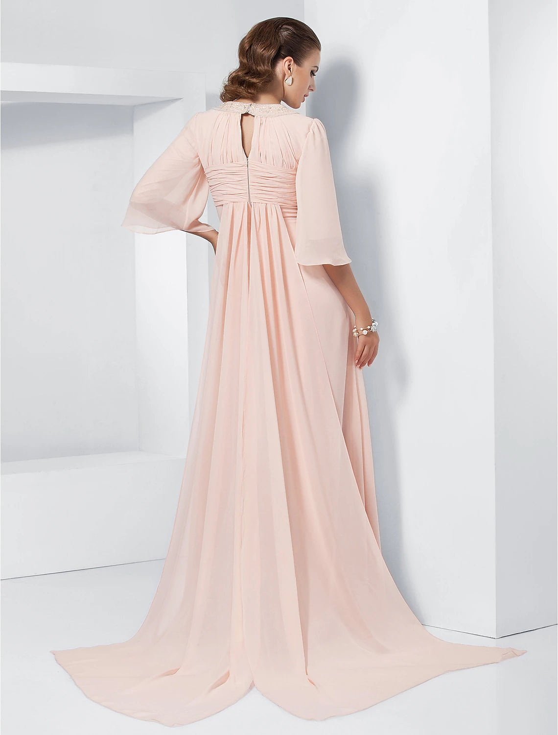Wholesale  A-Line Special Occasion Dresses Elegant Dress Wedding Guest Formal Evening Sweep / Brush Train Half Sleeve Jewel Neck Chiffon with Beading Draping