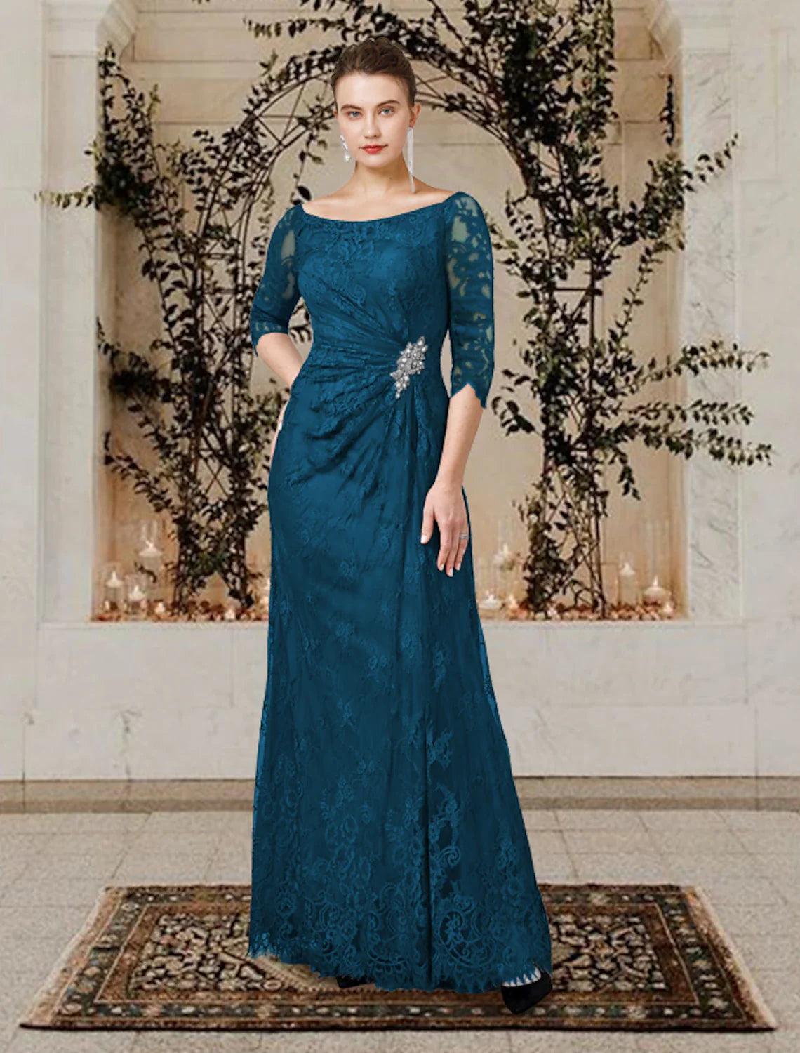 Wholesale A-Line Mother of the Bride Dress Wedding Guest Plus Size Elegant Jewel Neck Floor Length Lace Short Sleeve with Ruffles Crystal Brooch Side-Draped Fall