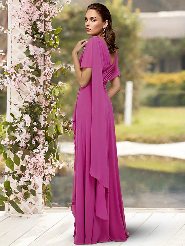 Wholesale Sheath / Column Mother of the Bride Dress Elegant V Neck Floor Length Chiffon Sleeveless with Pleats Crystal Brooch Side-Draped