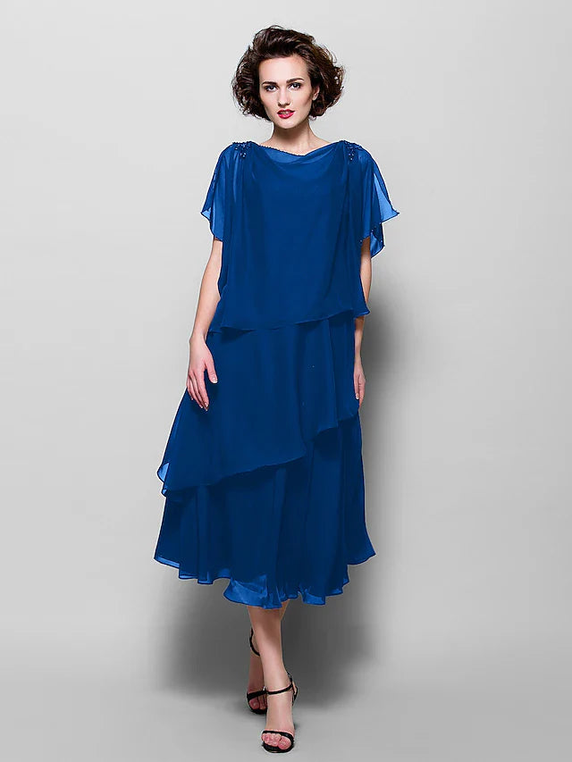 Wholesale A-Line Mother of the Bride Dress Plus Size Elegant Cowl Neck Tea Length Chiffon Short Sleeve with Ruffles Crystal Brooch