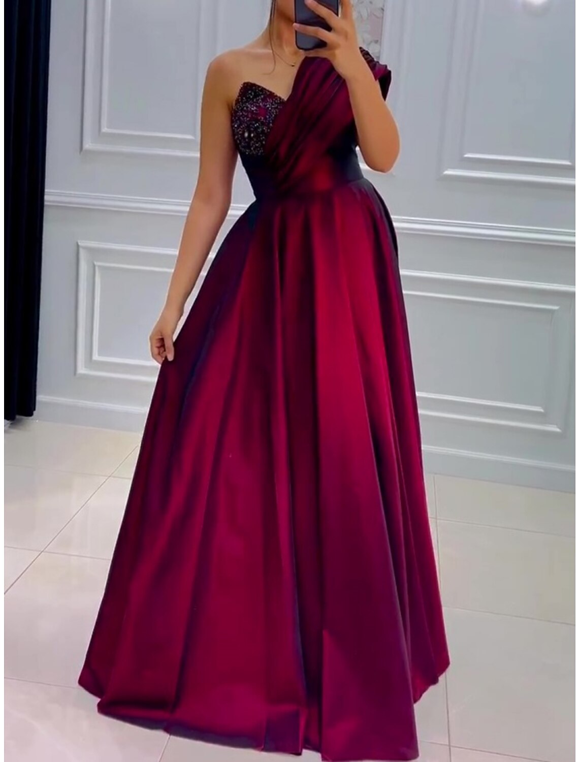 Wholesale A-Line Evening Gown Elegant Dress Formal Floor Length Christmas Red Green Dress Short Sleeve One Shoulder Satin with Pleats Ruched Sequin
