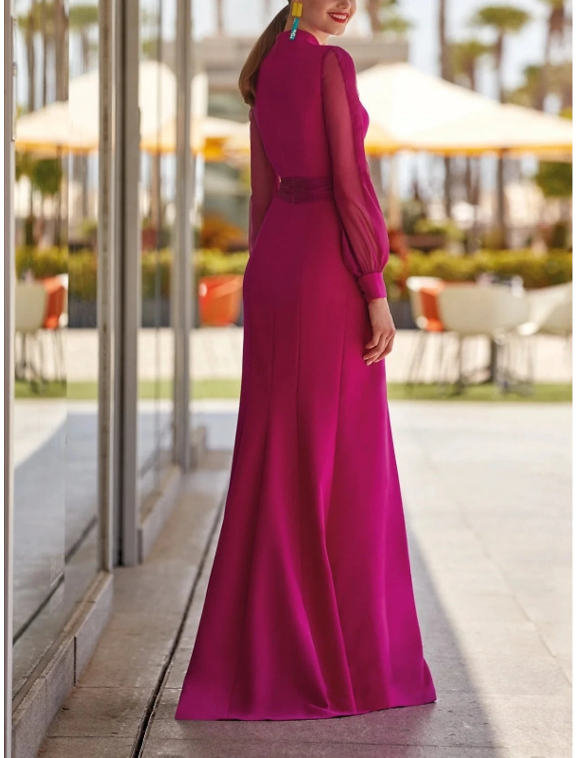 Wholesale Sheath / Column Evening Gown High Split Dress Formal Wedding Guest Floor Length Long Sleeve V Neck Chiffon with Slit Strappy