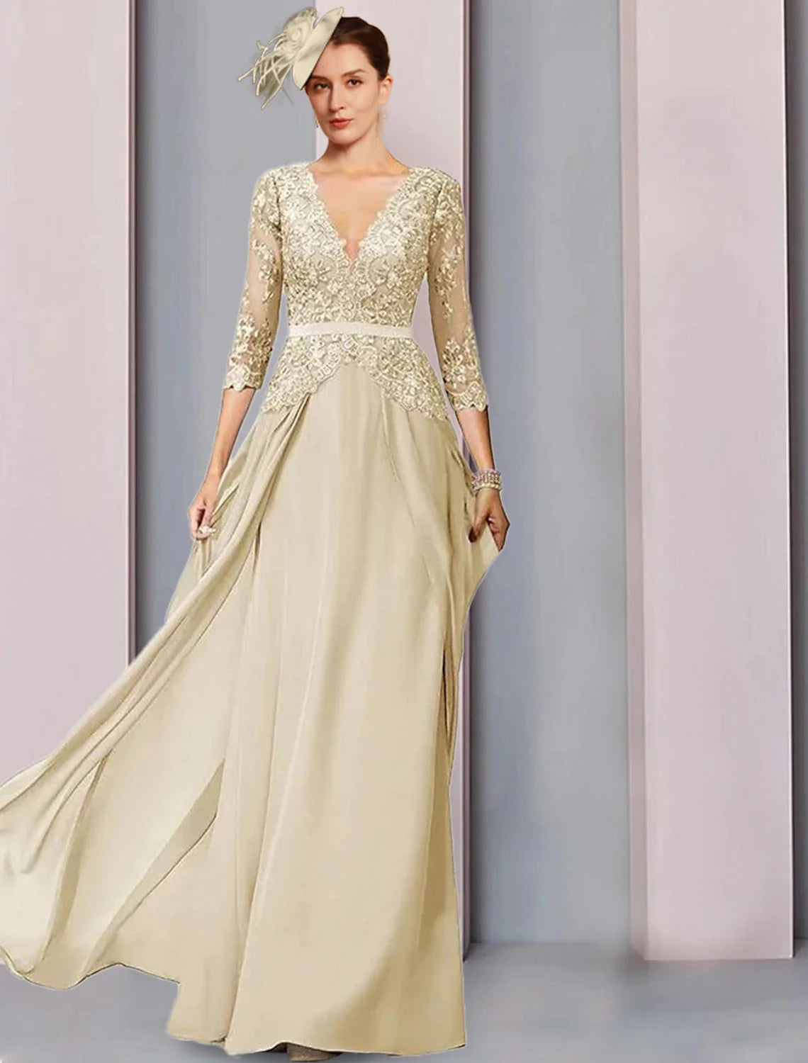 Wholesale A-Line Mother of the Bride Dress Wedding Guest Elegant V Neck Floor Length Chiffon Half Sleeve with Lace Ruching