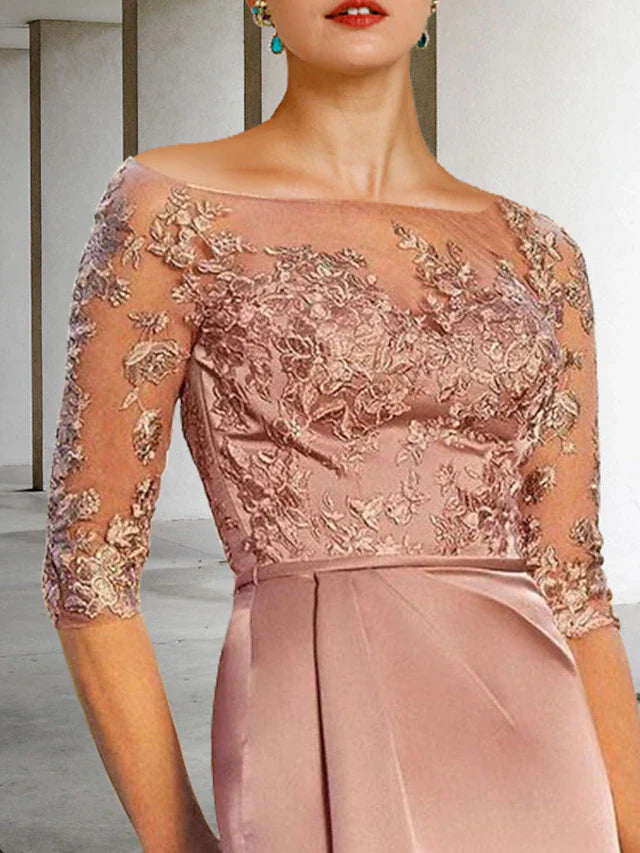 Wholesale Sheath / Column Mother of the Bride Dress Vintage Elegant Jewel Neck Knee Length Lace Charmeuse Half Sleeve with Appliques Side-Draped